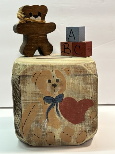 Vintage wooden teddy bear - bear, coin