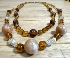 Vintage Baltic Amber Pebble & Big Bead Necklace Double Strand Filigree Clasp