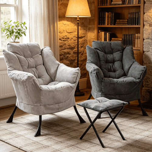 Grey lazy chair with footstool - chair,