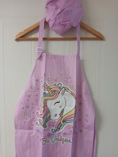 kids unicorn cooking or baking apron and hat set - ages 5 - 14 