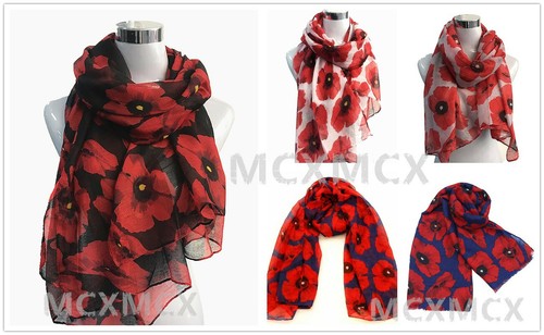 Red poppy print floral scarf - poppy,