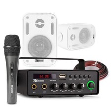 12V Powered Outdoor PA System with Mic, 2x BGO30 3" White Speakers, Weatherproof