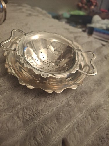 Silver tea strainer and - strainer, tray