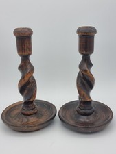 Vintage Antique Edwardian Pair of Barley Twist Wooden Candlestick Holders