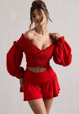Summer Red Ruched Bardot Top