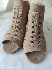 Papaya ladies Brown Strappy Heels Sandals Shoes Size 7 Suede Peep Toe Open Back