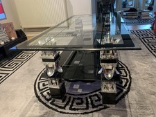 Modern Large Glass Coffee Table with Black Glass Shelf Under For Storage 