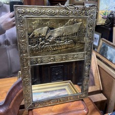 Vintage Brass Embossed Wall Mirror with Chain Cottage Country Home Decor 10 Inch