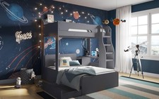 Triple Bunk Bed L Shape Grey Kids Storage Bed Frame Space-Saving Design