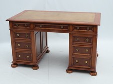 Antique Style Burr Walnut Twin Pedestal Leather Top Writing Desk