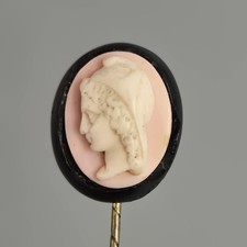 Antique Victorian Whitby Jet Carved Shell Cameo Stick Pin Brooch