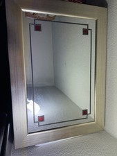 Vintage Leaded Glass Mirror with Red Accents – 36” x 26”