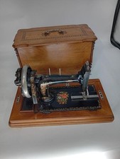 Vintage Hand Crank Sewing Machine Heavy Steel In Wooded Casing LOT 29 HUM