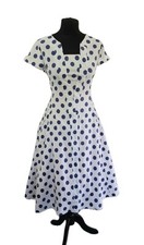 Bettie Page 50s Nautical Style Full Skirt Dress M(UK12) White/Navy Spot Mad Men 