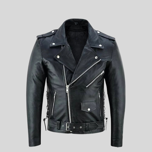 Men black leather motorcycle - black,