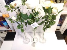 Set of 3 Tall Peony Clear Vases + 3 Artificial White Rose Stems+ Scent Spray QVC