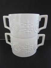 2x 1960's PORTMEIRION TOTEM WHITE TWO HANDLE SOUP BOWLS - SUSAN WILLIAMS ELLIS