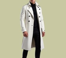 Men's White Real Cow Leather Trench Coat – Handmade Soft Leather Long Overcoat