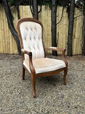 Antique Reproduction Armchair Carved Oak Fireside Deep Button Fabric Chair 