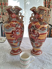 Pair of Japanese Satsuma Vases Antique, Large, Hand-Painted, 46cm tall.