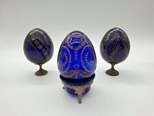 3x Handblown Art Glass Colbalt Blue Hollow Eggs on Stands - Height 13.5cm