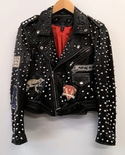 Ladies ZARA Basic Black Leather Studded Patchwork Jacket Size EU M  - CG N05