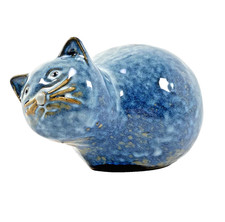 Studio Pottery Fat Cat Figurine Blue Mottled Glaze Vintage Folk Art Ornament