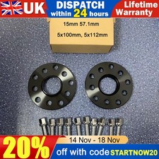 2x 15mm Black Hubcentric Wheel Spacers 5x100 & 5x112 57.1 & Bolts For VW Audi