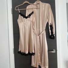 LA SENZA Lingerie 100% Silk Set: Robe & Nightdress Beige / Black Lace  12/14 UK