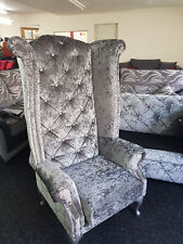 Chesterfield High Queen Anne Wing Back Chair in Grey Crushed Velvet