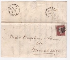 1854 QV FINE 1d PENNY RED STAMP C1 ON BLACKBURN PART LETTER TO MANCHESTER