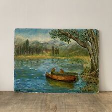 Vintage Oil on Board Landscape Painting Lake Boat Scenery Wall Hanging Art Decor