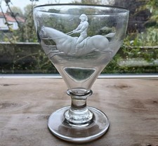 Antique Glass Rummer ~ Etched Figure on Horse ~ Early Lead Crystal Rough Pontil