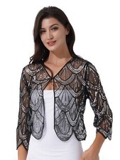 Women's Hollow Lace Cardigan Long Sleeve Sequin Bolero Shrug Casual Shawl Tops