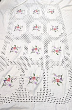Vintage Handmade Embroided Cotton Linen Table Cloth 87 X 61" A113 P979