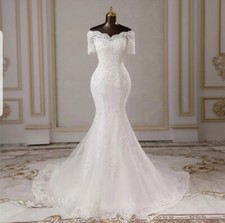 UK White/ivory Off Shoulder Mermaid Sequins Short Sleeve Wedding Dress Size 12