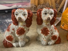 Two Vintage Staffordshire Spaniel Victorian Pottery Ceramic Figurines 35x26cm