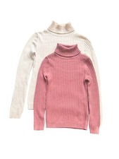 GIRLS EX STORE 2 PACK RIBBED PINK-CREAM ROLL NECK LONG SLEEVE JUMPER AGE 5-14y