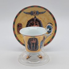 Vtg Porcelain Demitasse Espresso Footed Egyptian Design Cup & Saucer Set Signed