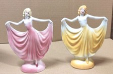 Vintage Art Deco Porcelain Pink & Yellow Dancing Lady Figurines 