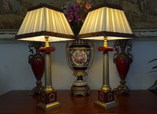 Red Corinthian Column Antique/Vintage Style Brass Lamps - Pair + Lamp shades