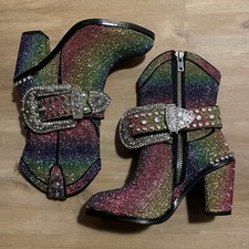 Club Exx / Dolls Kill Rhinestone Rainbow Pride Crystal Cowboy Boots UK 4 ? 