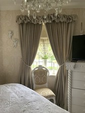 PUFF BALL TOP DESIGNER CURTAINS  1.5 W X 90 Inch D In Straw Or Grey Bargains