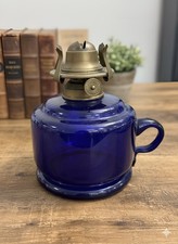  Antique Cobalt Blue Glass Finger Oil Lamp with Falk’s English Schmacker Burner