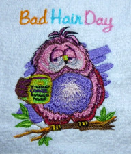 Bad Hair Day, Owl Design Embroidered White Face cloth/ Flannel