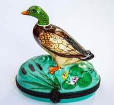 Large Limoges Peint Main Mallard Duck on Pond Hinged Porcelain Trinket Box
