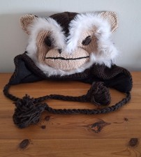 Handmade In Nepal 100% Wool Grey Monkey Fleece Lined Beanie Hat One Size Unisex