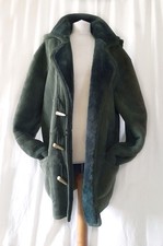 Vintage Shearling/Sheepskin Coat, Hooded Duffle,  Dark Green Size Large 50 Chest