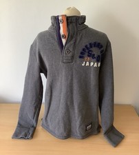 Vintage SUPERDRY Mens Button Neck Sweatshirt Small Grey Marl Cotton