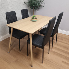 Wood Dining Table Set with 4 Black Faux Leather Chairs Kitchen Dining Furniture
